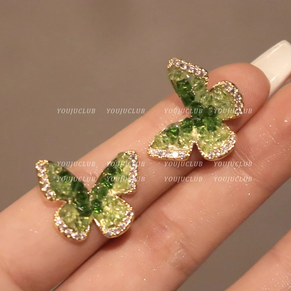 耳饰 渐变绿色蝴蝶耳钉小众设计高级感耳环轻奢精致耳饰女