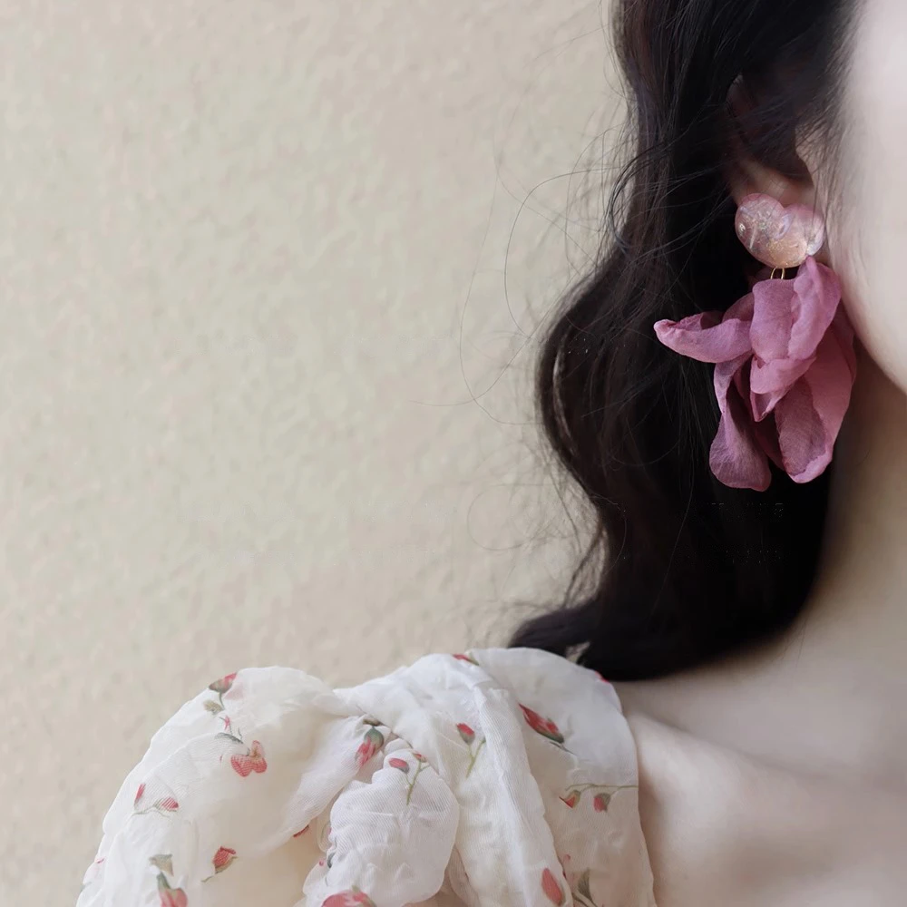 耳饰 落日醒风 玫粉色爱心雪纺布艺甜美森系耳环耳夹