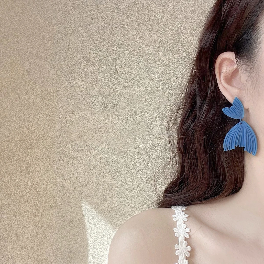 陶瓷耳饰 蓝色美人鱼 度假风显白宝蓝色耳环耳夹夏日