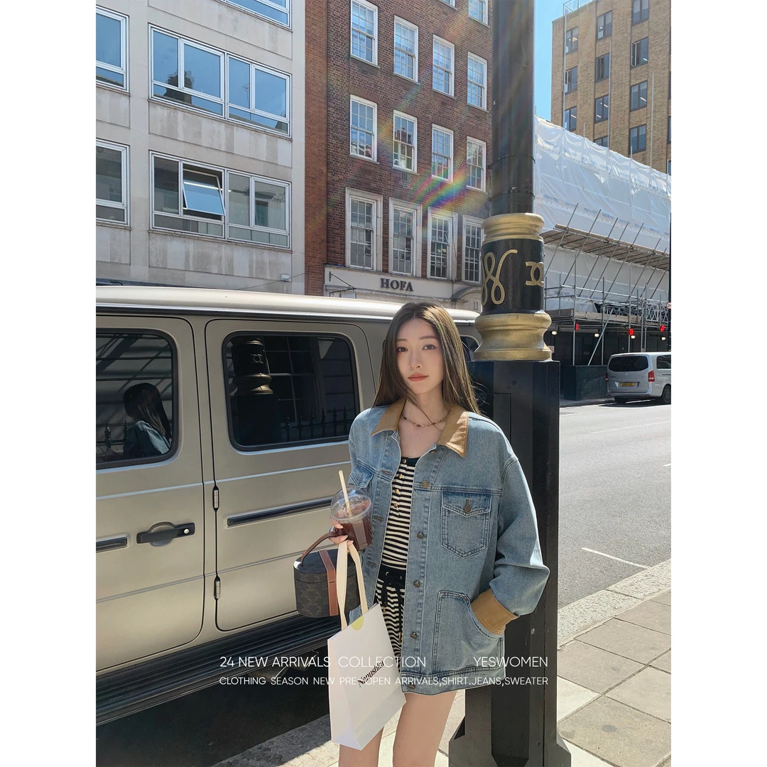 YESWOMEN过期胶片拼皮设计贴袋牛仔外套 XY2047A3841