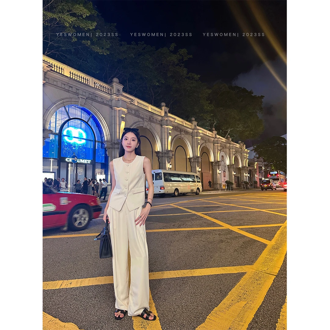 YESWOMEN【香槟白茶】套装两件套阔腿裤显瘦无袖DY1236F1012A婷