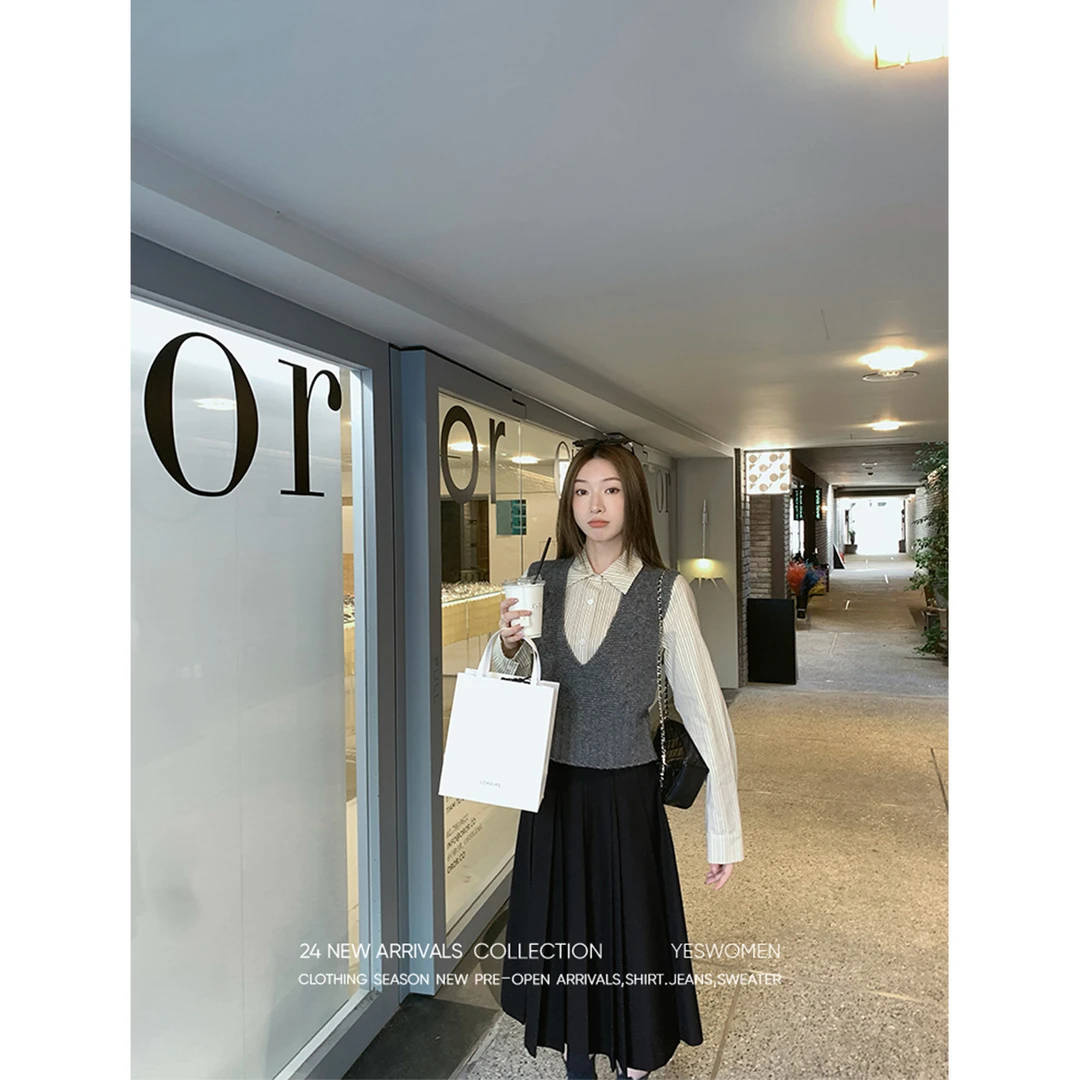 YESWOMEN韩系叠穿outfit·合体版型马甲衬衫 搭压褶裙XY7349A3946