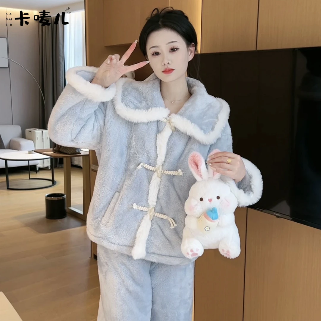 冬季睡衣女款爆款2024新款珊瑚绒加绒加厚长袖可外穿家居服套装女