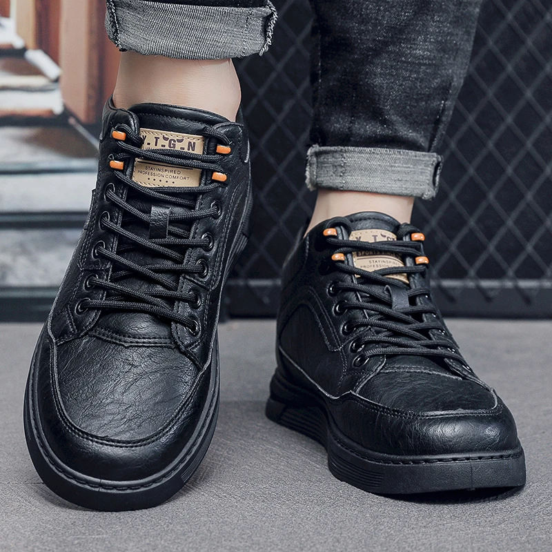 男鞋冬季休闲百搭皮面板鞋高帮保暖加绒棉鞋黑色鞋子男潮鞋