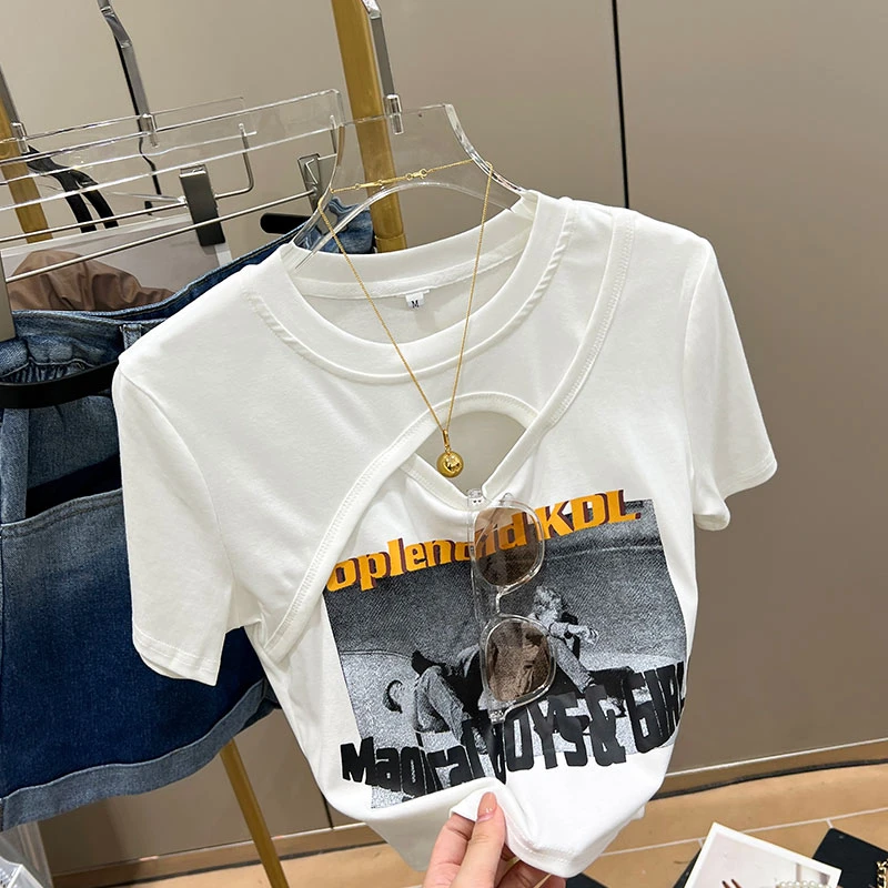 女装新款大码短袖t恤女夏季时尚设计感微胖mm遮肉显瘦收腰上衣ins