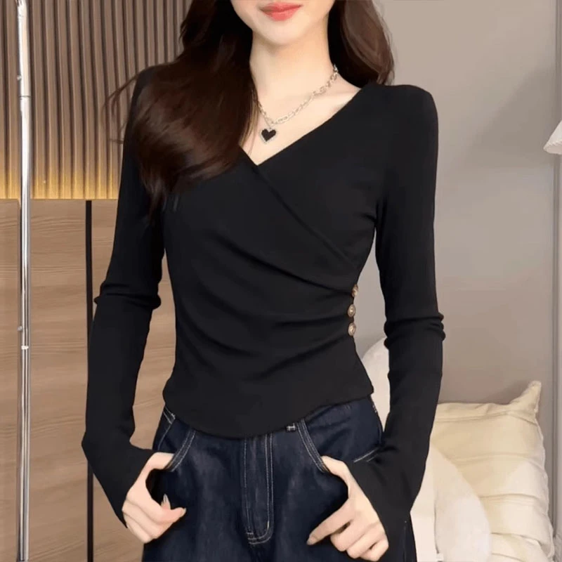深V领德绒打底衫大码长袖t恤女秋季不规则设计感微胖遮肚藏肉上衣