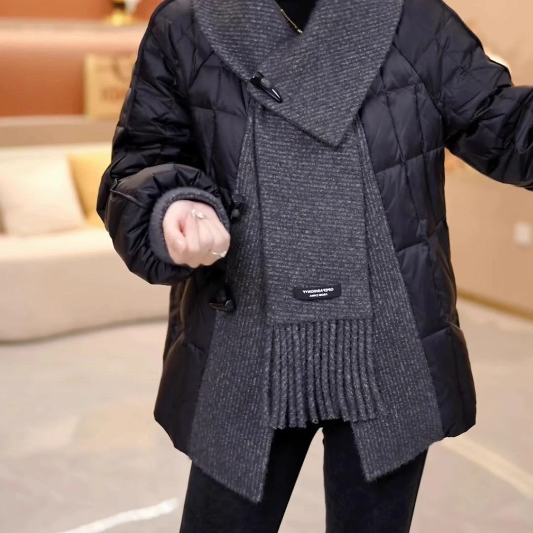 高档拼接洋气短款白鸭绒外套女装2024冬季新款围巾加厚保暖羽绒服