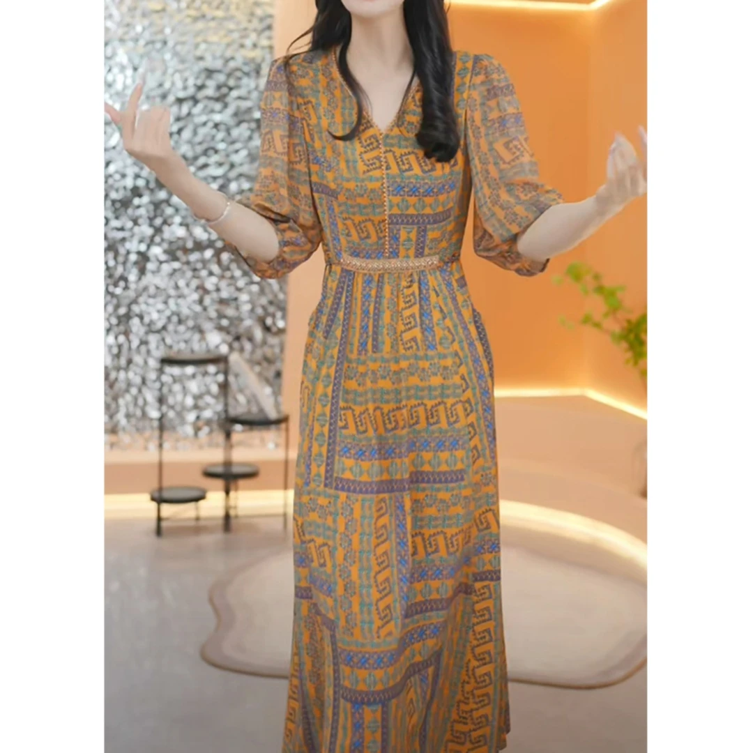 显瘦轻奢长款艾美定制气质短袖连衣裙女夏2024新款高端奢华长裙