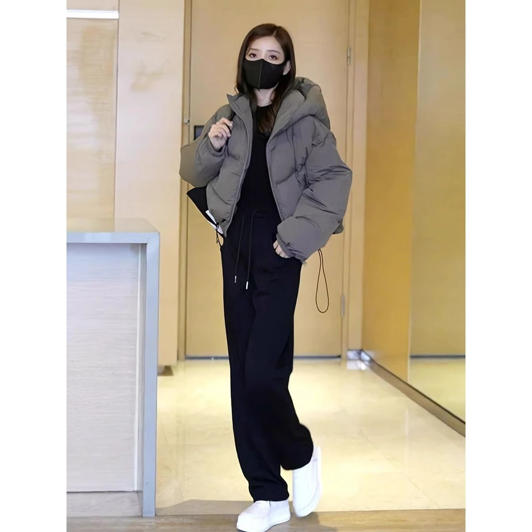 秋冬高级灰宽松连帽棉服外套女新款加厚百搭时尚气质保暖短款棉衣