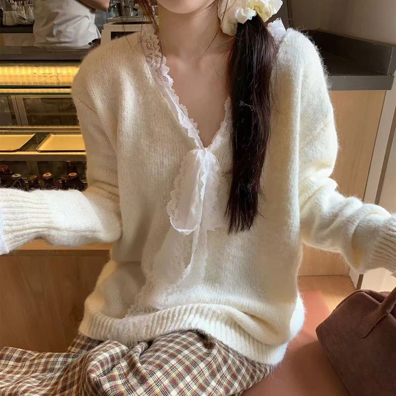 2024新品秋冬百搭蕾丝蝴蝶结宽松毛衣慵懒风系带针织衫上衣 女