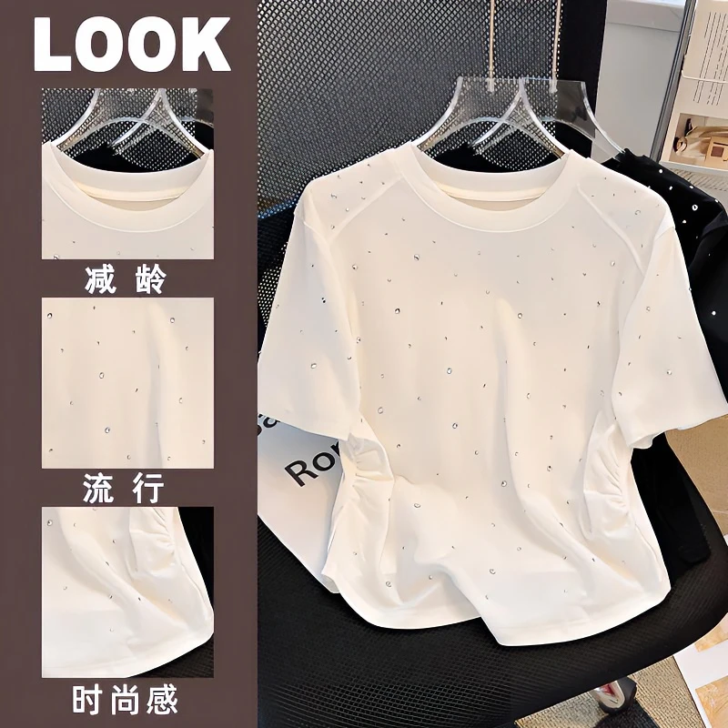 烫钻白色圆领短袖T恤女高贵上档次女装设计感小众显瘦正肩睡衣夏