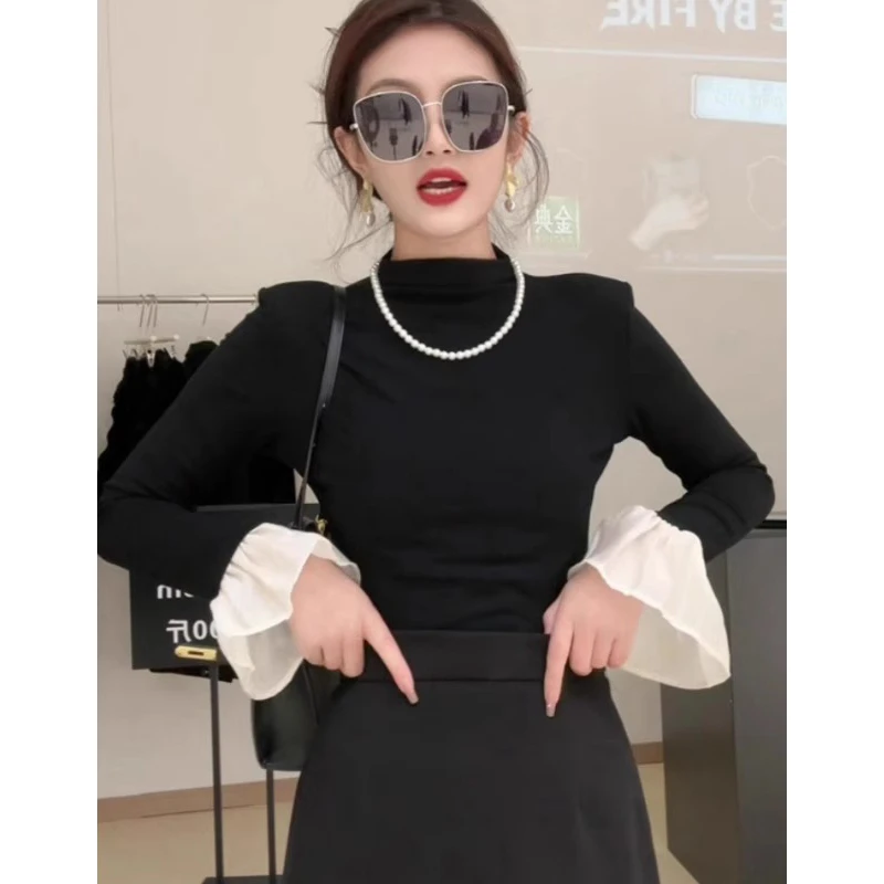 【现货/运费补贴】荷叶袖拼接打底衫内搭长袖T恤女睡衣喇叭袖睡衣