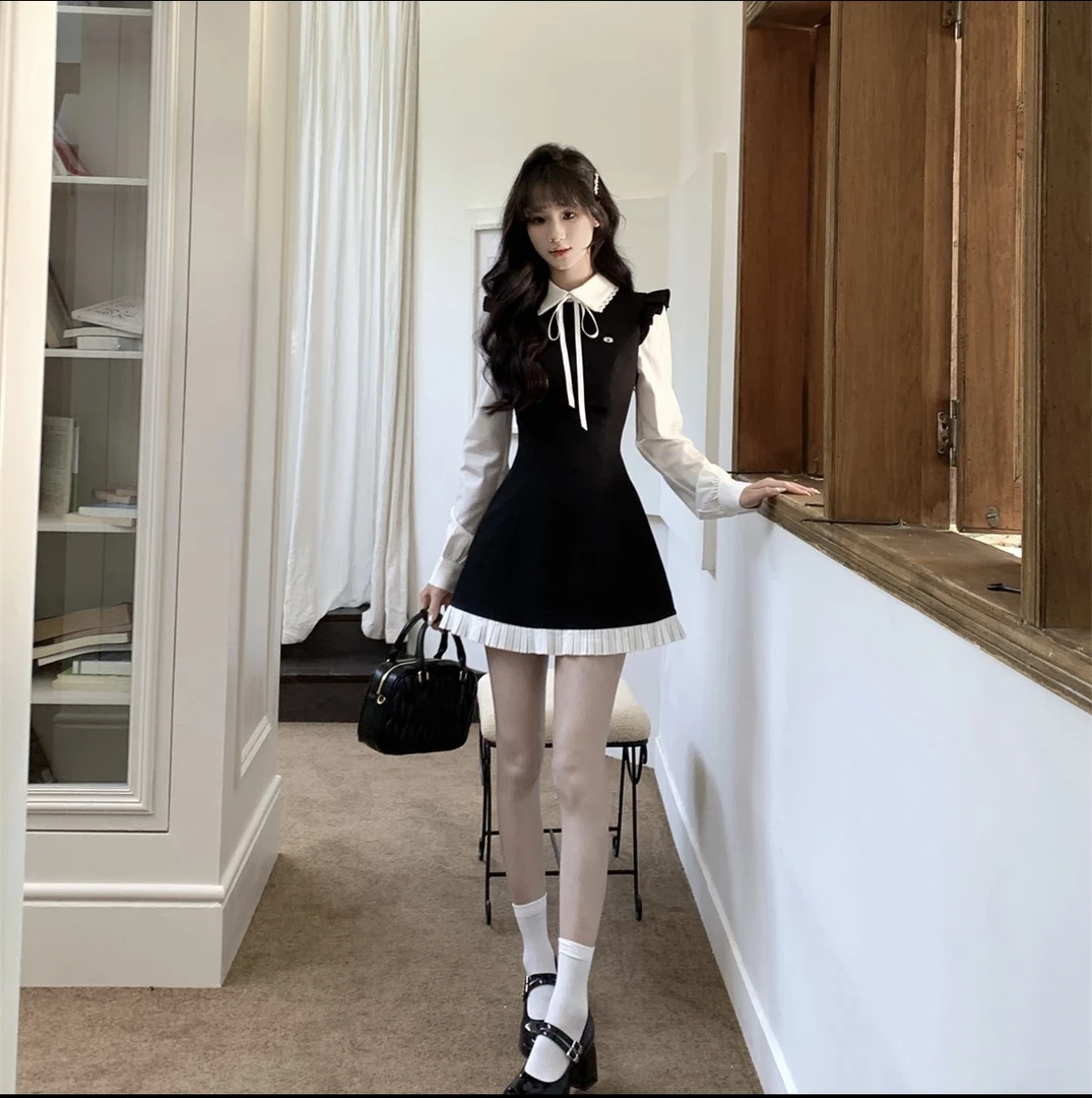 香奈er小姐法式气质复古连衣裙女秋撞色收腰显瘦假两件A字连衣裙