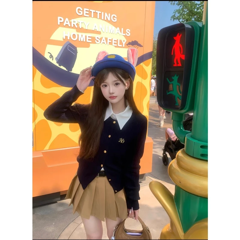 秋冬季针织开衫女秋季新款美式复古学院风绞花圆领毛衣外套套装