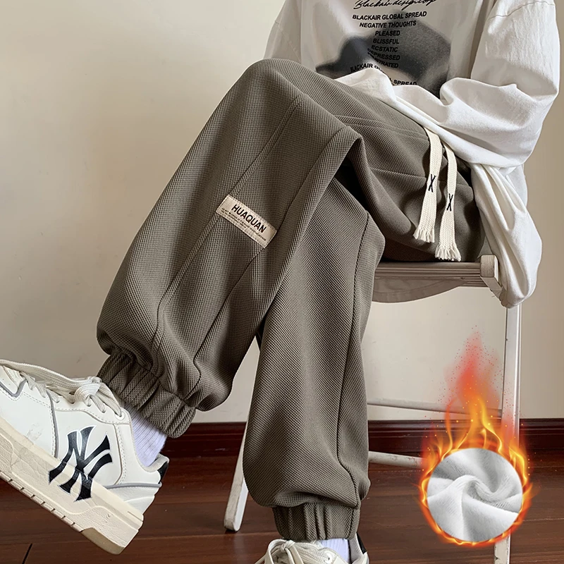 裤子男士2025加绒加厚潮牌休闲长裤男宽松直筒卫裤黑色美式束脚裤