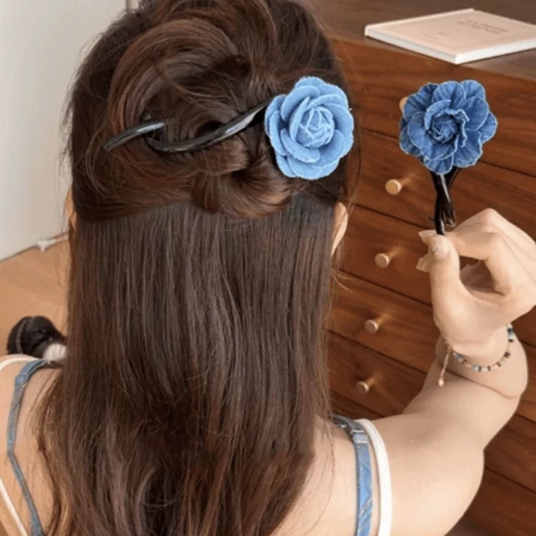 网红牛仔蓝复古花朵抓夹2025年新款高级感半扎发夹鲨鱼夹发卡头饰