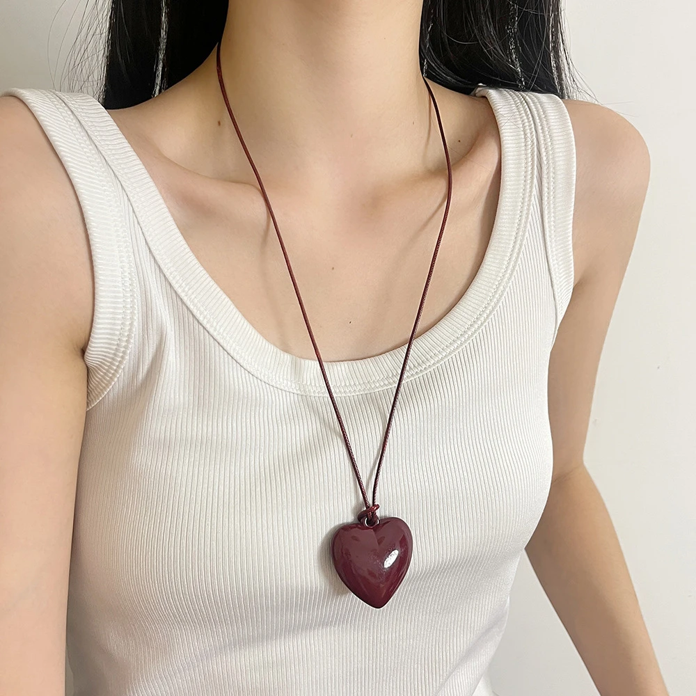合金布艺项链 《心眼》简约长款爱心抽拉项链女新款皮绳A304