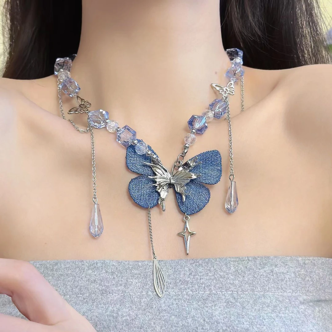 合金亚克力项链 《蓝天边》超仙双层蝴蝶项链女感甜美气质A281时尚
