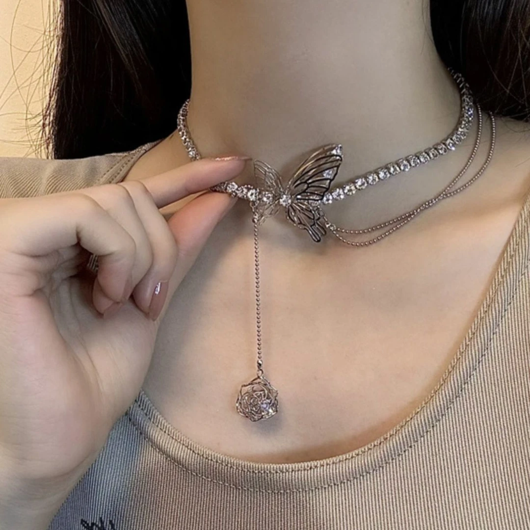 合金亚克力项链 《瑶池》蝴蝶项链女小众设计流苏锁骨链个性C047