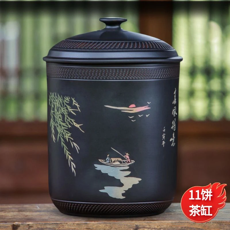 云南建水紫陶11饼茶缸陶瓷储茶罐家用密封罐防潮防霉散茶米桶米缸