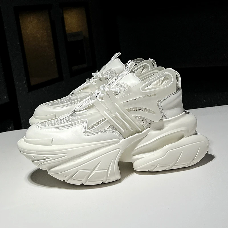 欧货厚底飞船真皮网面老爹鞋女2024夏季新款百搭增高透气松糕单鞋