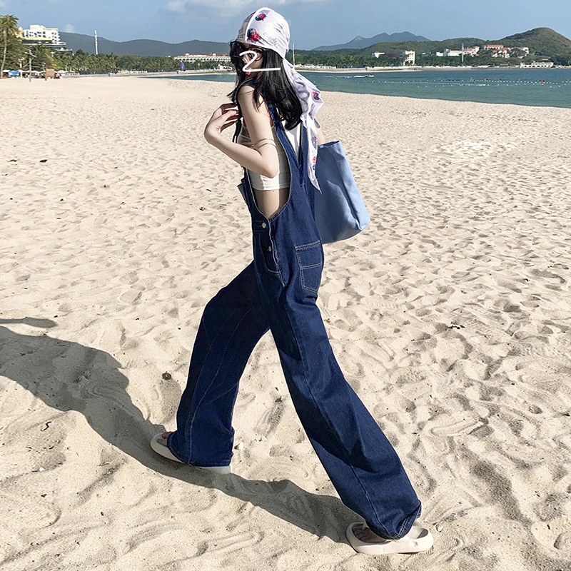秋日海边｜韩版显瘦宽松阔腿减龄拖地牛仔背带裤高腰阔腿裤裤子