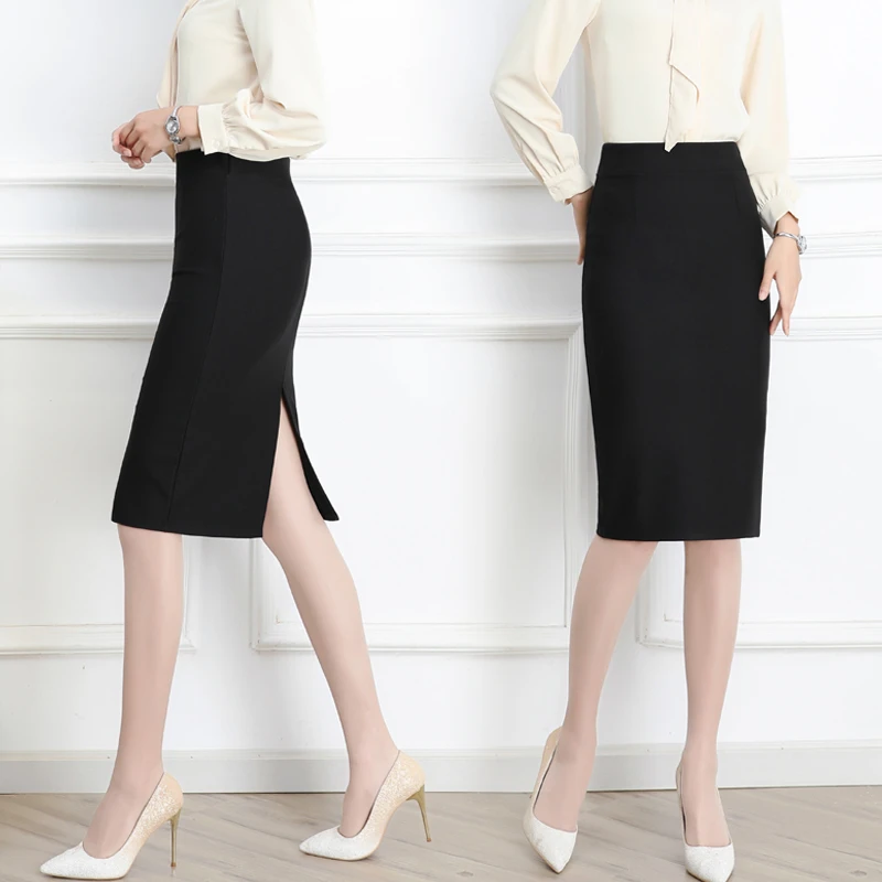 包臀裙女春季新款半身裙高腰开叉弹力一步裙过膝黑色长裙工作裙子