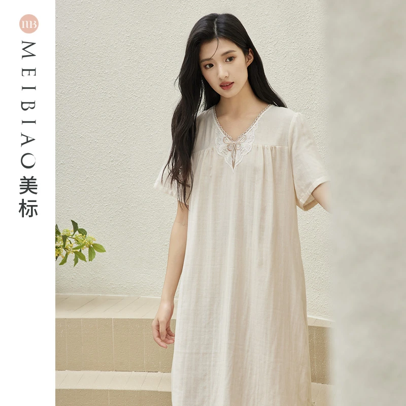 美标夏季女双层棉纱短袖睡裙纯棉宽松休闲睡衣薄款家居服300059