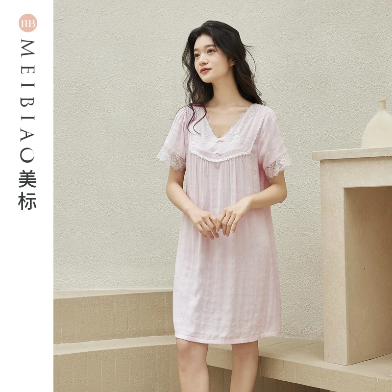 【达人专属】美标夏季女士薄款全棉棉纱短袖睡裙宽松甜美睡衣家居服