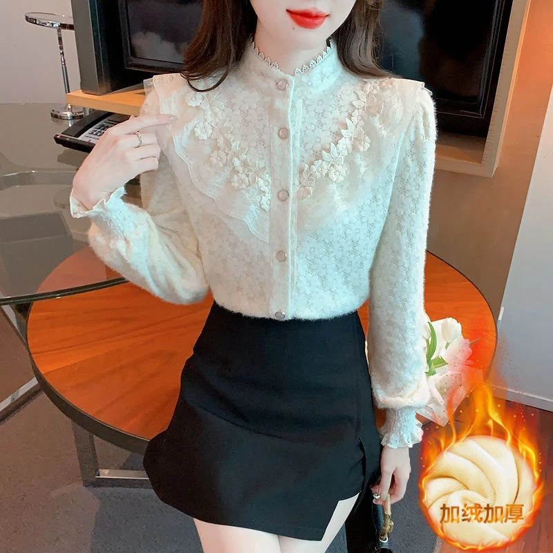 加绒加厚蕾丝打底衫衬衫女秋冬季法式洋气磨毛上衣半高领长袖T恤