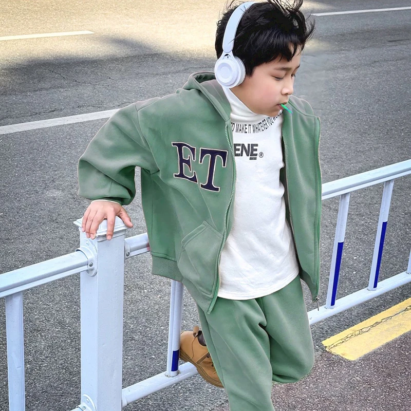 男童秋季开衫卫衣套装2023新款中大儿童连帽童装男孩运动秋冬装潮