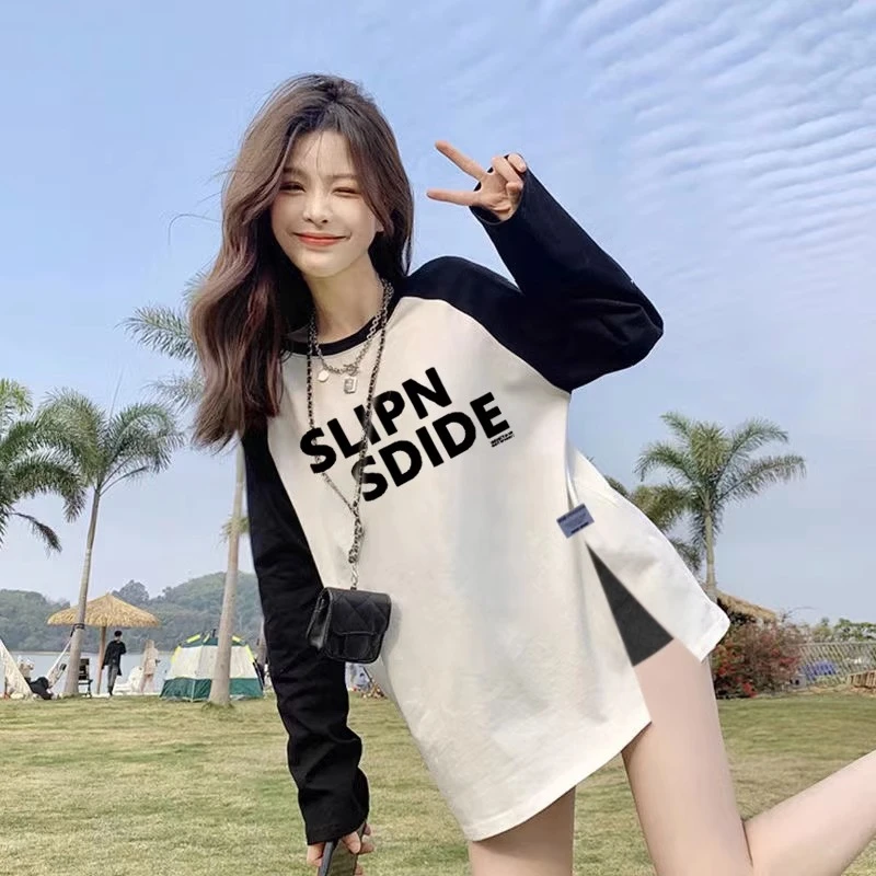 拼色长袖t恤女正肩春秋新款宽松中长款t恤女遮屁股遮臀上衣打底衫