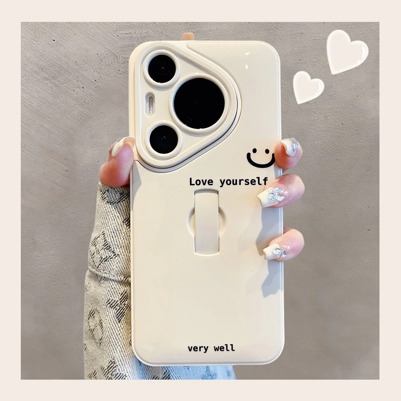 适用华为pura70pro+手机壳mate60pro+日韩ins简约hello笑脸支架