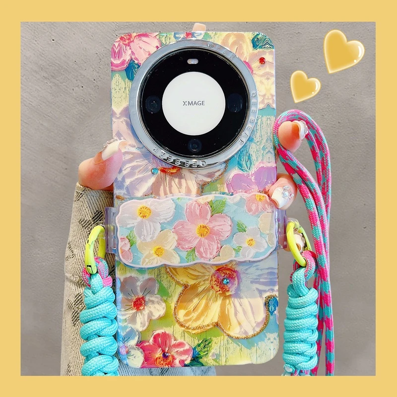 华为mate60pro+斜挎手机壳pura70pro油画花朵背夹挂绳mate50/40p