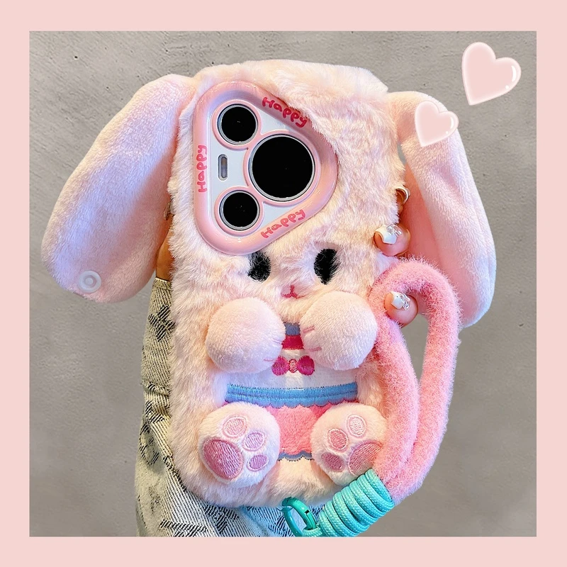适用华为pura70pro+手机壳mate60pro+毛绒长耳朵兔子苹果16/15/14