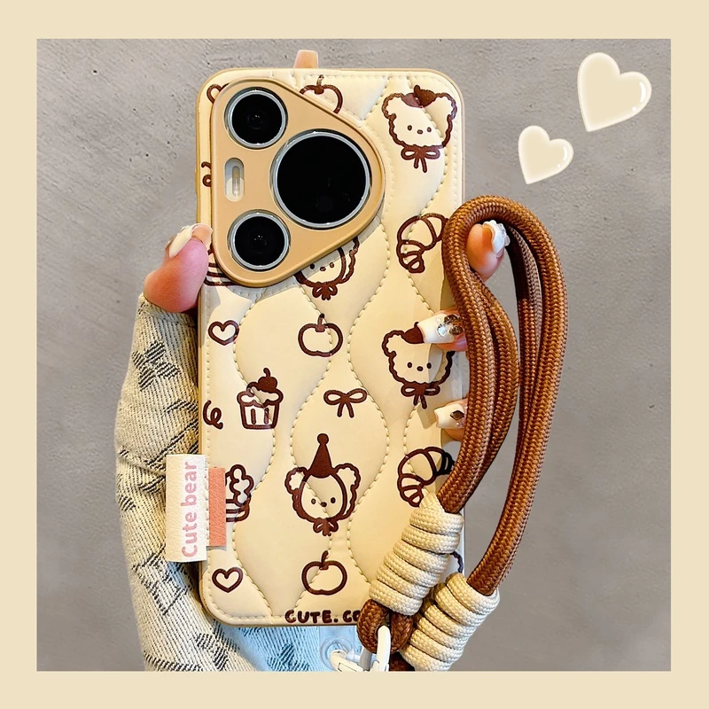 适用华为pura70pro手机壳秋冬mate60pro皮质蛋糕小熊苹果16/15/14