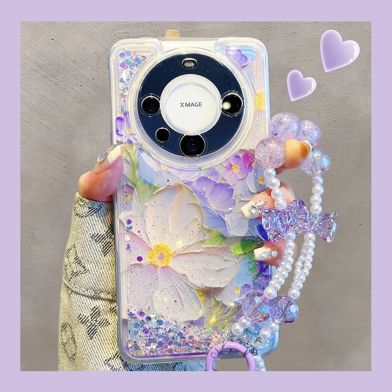 华为mate60pro手机壳p70pro春天油画流沙花朵mate40ins网红女款