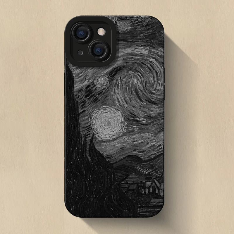 适用苹果14promax梵高星空壳新款12网红全包艺术13黑白11复古潮牌