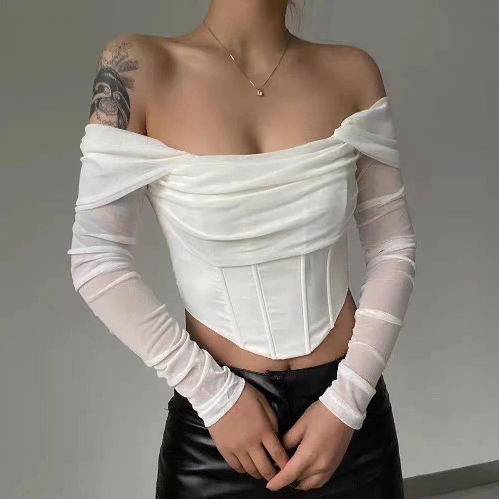 欧美小众网纱鱼骨一字新款辣妹