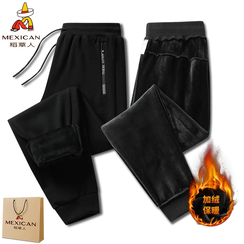 Mexican/稻草人冬季加绒百搭休闲裤男女款大码加厚弹力卫裤宽松