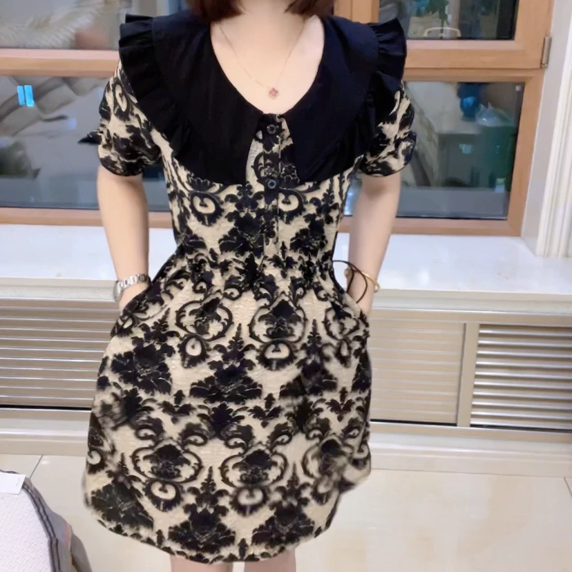 南韩高端气质印花显瘦连衣裙