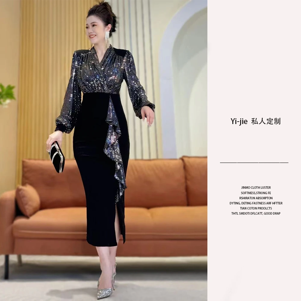 镭射珠光高弹包臀侧开叉贵妇V领显瘦遮肉减龄中长款连衣裙