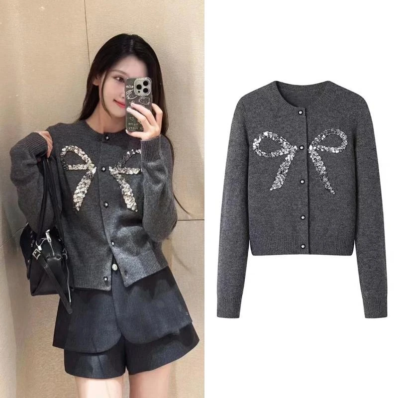 秋冬小香时尚重工亮片蝴蝶结拼色圆领针织开衫女气质百搭宽松上衣