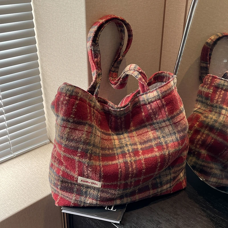 COOLE女包2024新款撞色韩版休闲ins精致格纹大容量单肩托特包