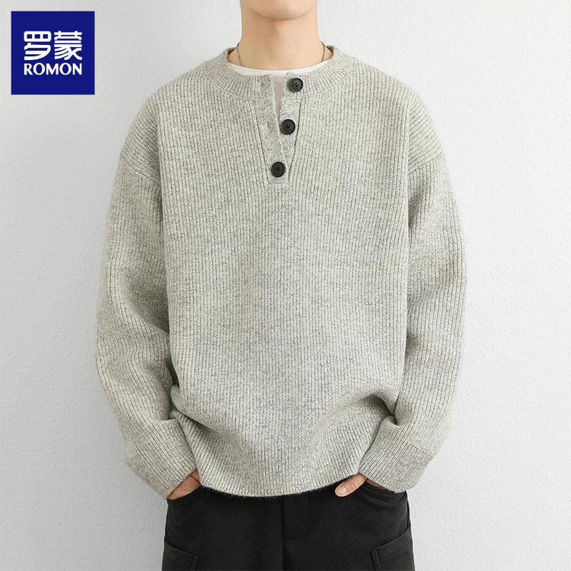 罗蒙设计师款秋冬季V领毛衣男纽扣日系复古慵懒风上衣宽松针织衫
