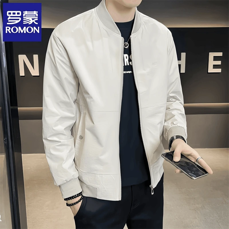 罗蒙新款棒球领男士外套秋季高档轻奢韩版修身纯色休闲长袖夹克男