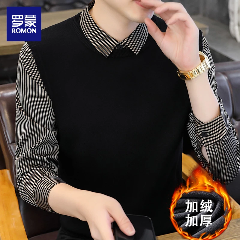【加绒/常规款】罗蒙高档假两件毛衣男士潮流保暖针织衫衬衫领