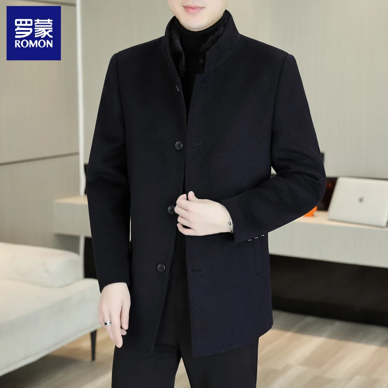 罗蒙高档冬季羊毛呢大衣男爸爸冬装外套立领双面羊绒风衣羽绒胆