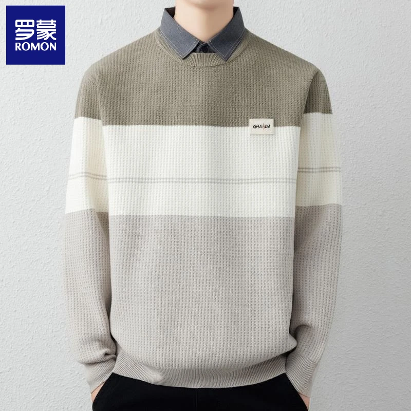 罗蒙高端假两件毛衣男士衬衫领秋冬款加厚打底针织衫冬季保暖线衣