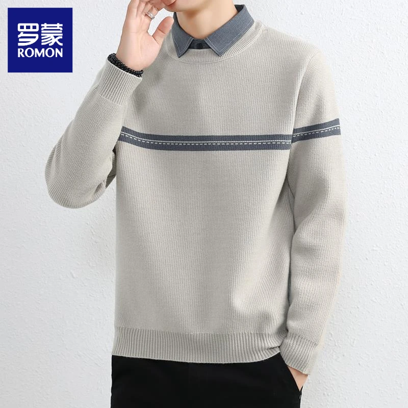 罗蒙撞色假两件毛衣男士衬衫领线衣秋冬季新款青年加厚高端针织衫